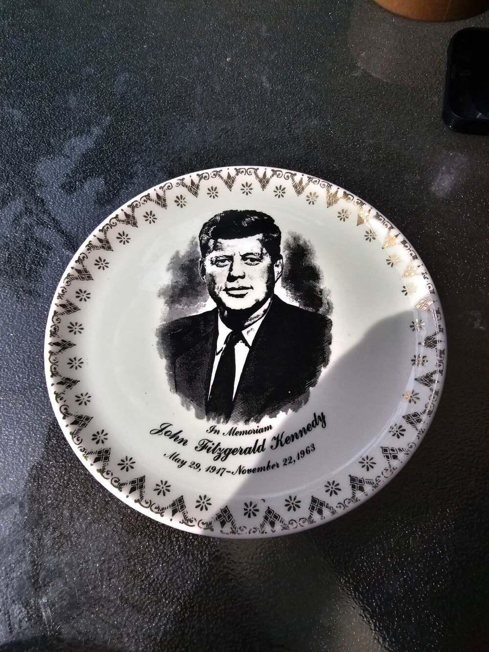 Vintage John F. Kennedy In Memoriam Memorial Plate with Gold Trim